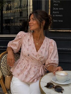 Y.A.S Organic Cotton Floral Wrap Top S Puff Sleeve Peplum Cottagecore Coquette